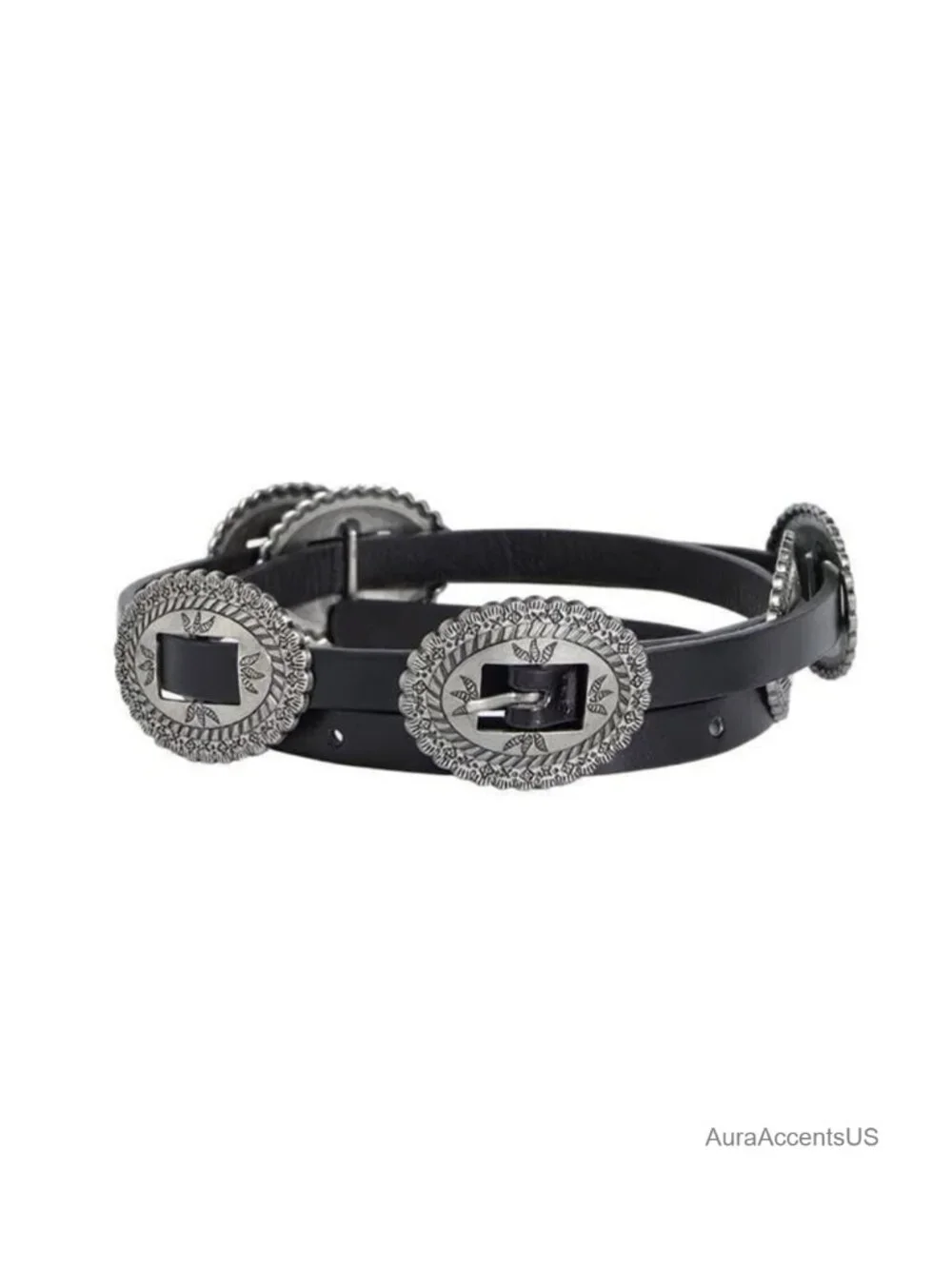 Western Concho Belt Faux Leather Skinny Belt For Dresses Jeans Cowgirl